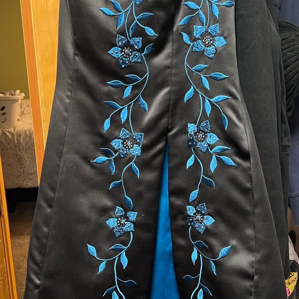 Formal Black dress with Blue Floral Embroidery